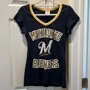 Milwaukee Brewers L cotton v neck cap sleeve baseball MLB t shirt tee navy blue